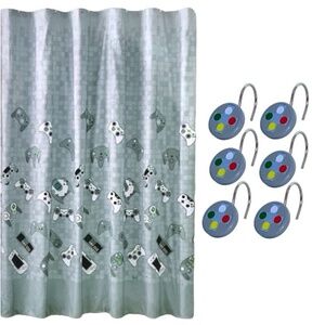 Gamer Shower Curtain Video Game Hook Set Fabric Curtain 70 X 72 Green Grey Mult